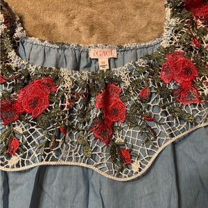 Blue Top with Floral Crochet Detail